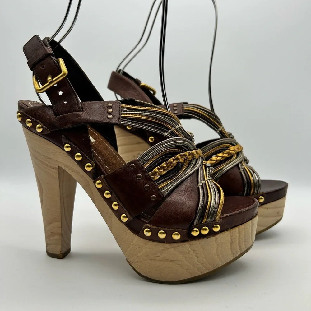 Miu Miu 36 Heel Sling Clog Wedge Platform Stud Brown Leather Wood Y2k boho tall - Picture 6 of 15